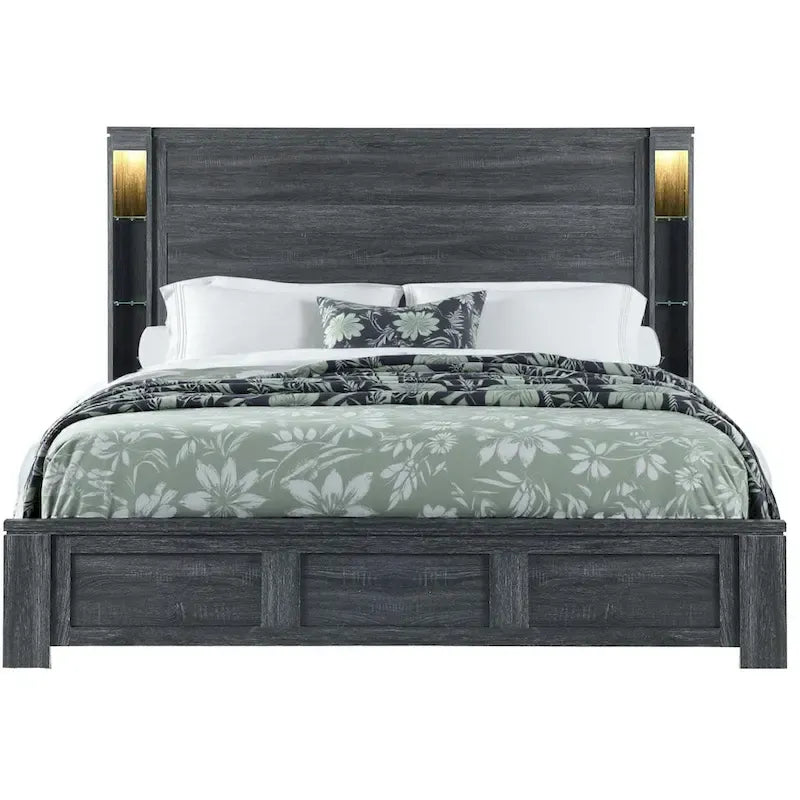 HomeRoots Dark Gray Distressed Wood Lighted King Bed Frame