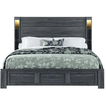 HomeRoots Dark Gray Distressed Wood Lighted King Bed Frame