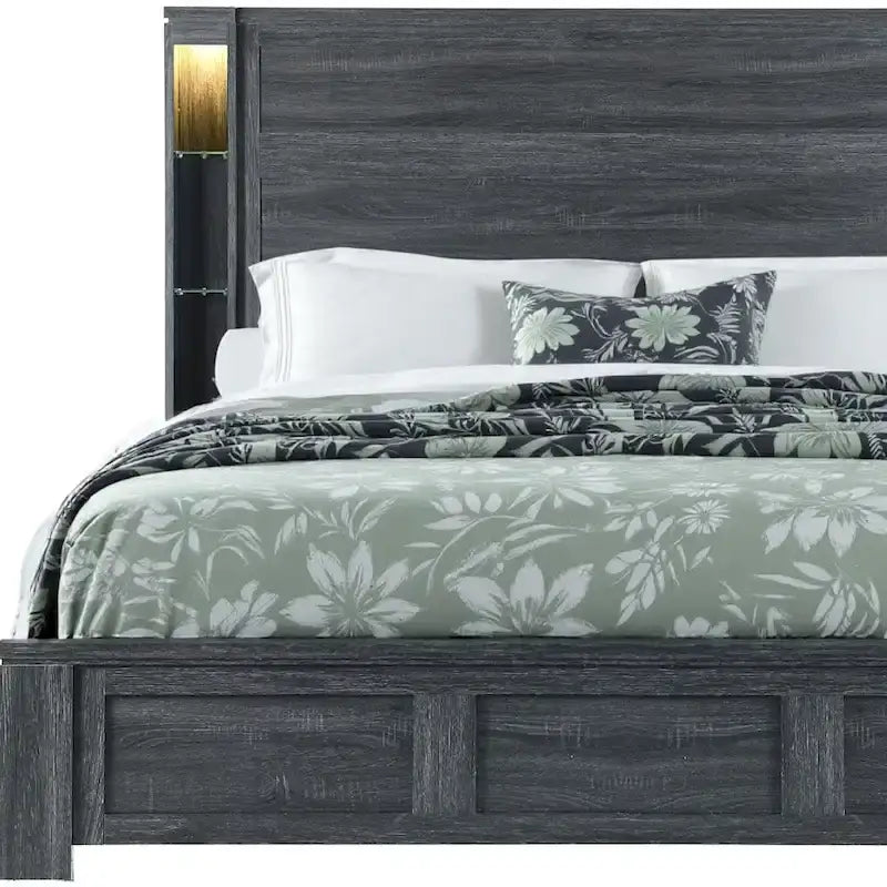 HomeRoots Dark Gray Distressed Wood Lighted King Bed Frame