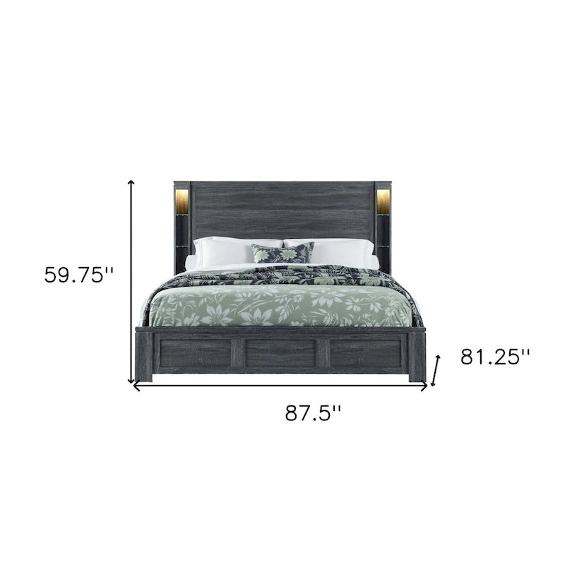 HomeRoots Dark Gray Distressed Wood Lighted King Bed Frame