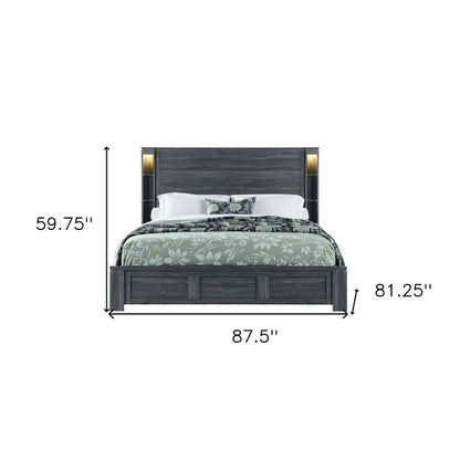 HomeRoots Dark Gray Distressed Wood Lighted King Bed Frame