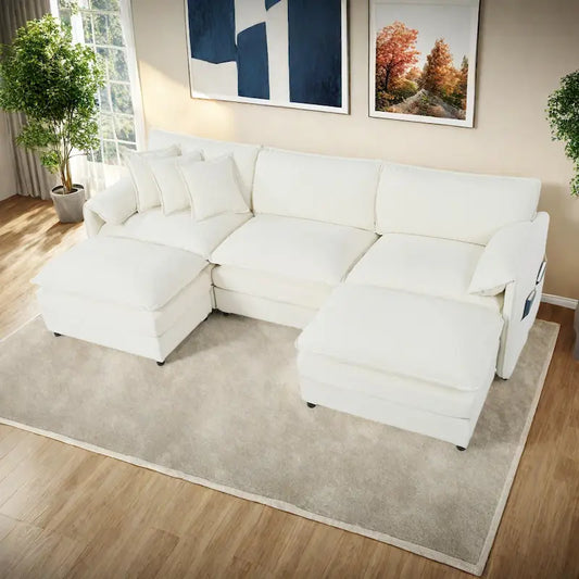 109.45 Chenille Upholstered U-Shaped Modular Sectional Sofa with Double-Layer Cushions, DIY Combination