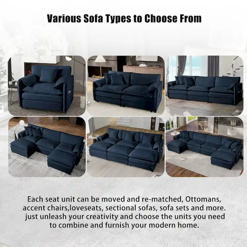 109.45 Chenille Upholstered U-Shaped Modular Sectional Sofa with Double-Layer Cushions, DIY Combination