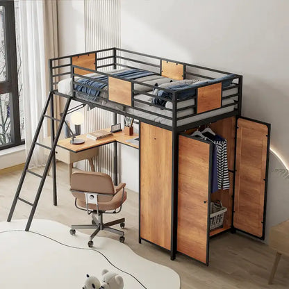 Twin Size Loft bed with L-shape Desk and Wardrobe