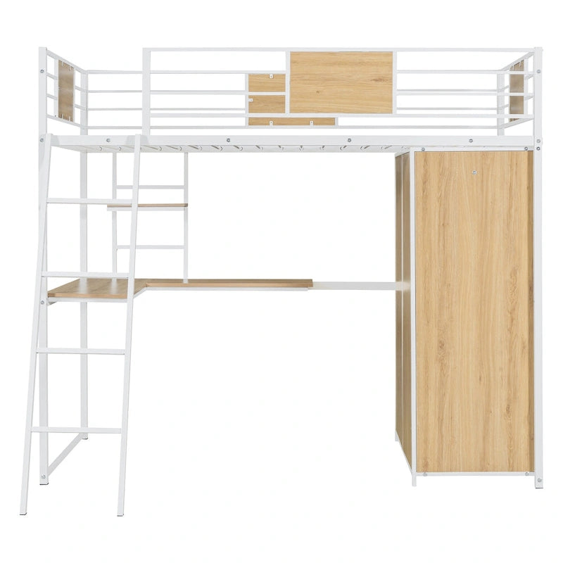Twin Size Loft bed with L-shape Desk and Wardrobe