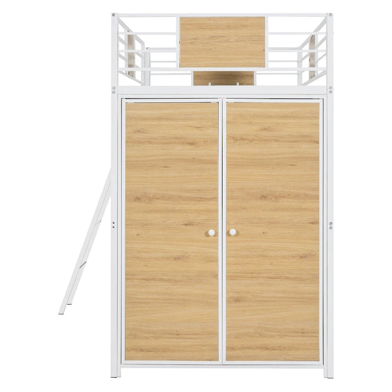 Twin Size Loft bed with L-shape Desk and Wardrobe
