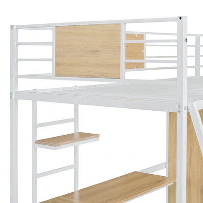 Twin Size Loft bed with L-shape Desk and Wardrobe