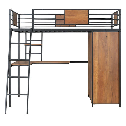 Twin Size Loft bed with L-shape Desk and Wardrobe