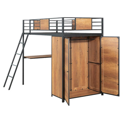Twin Size Loft bed with L-shape Desk and Wardrobe