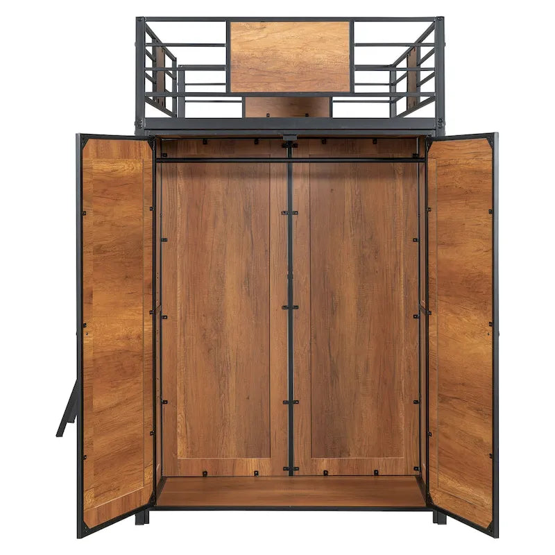 Twin Size Loft bed with L-shape Desk and Wardrobe