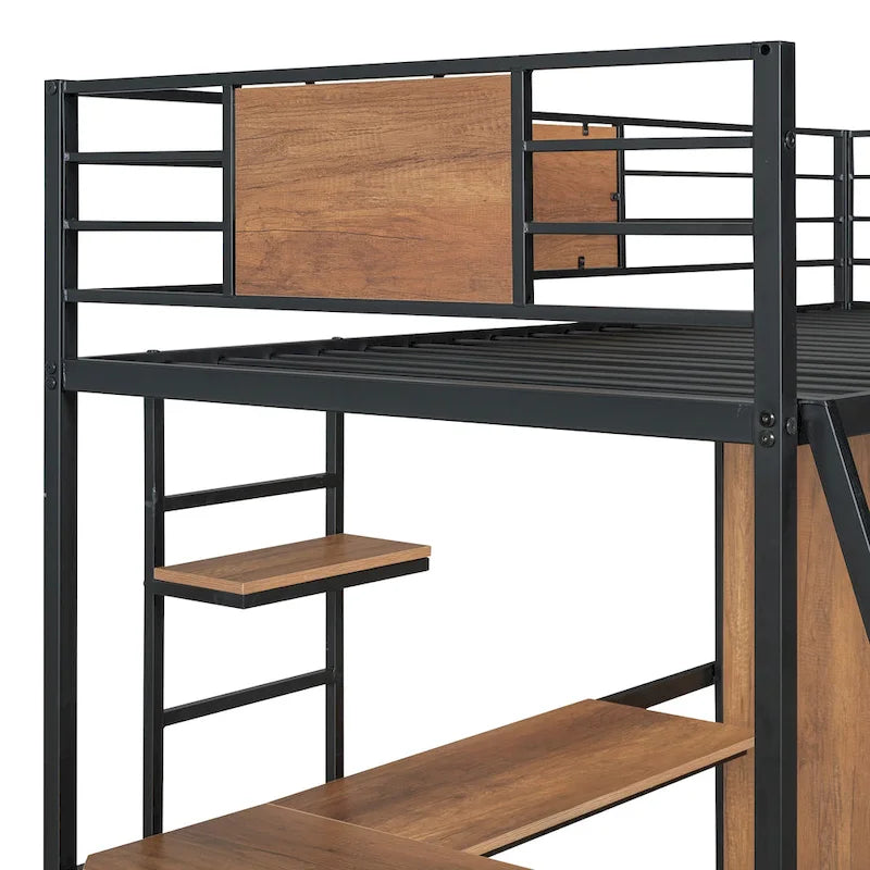 Twin Size Loft bed with L-shape Desk and Wardrobe