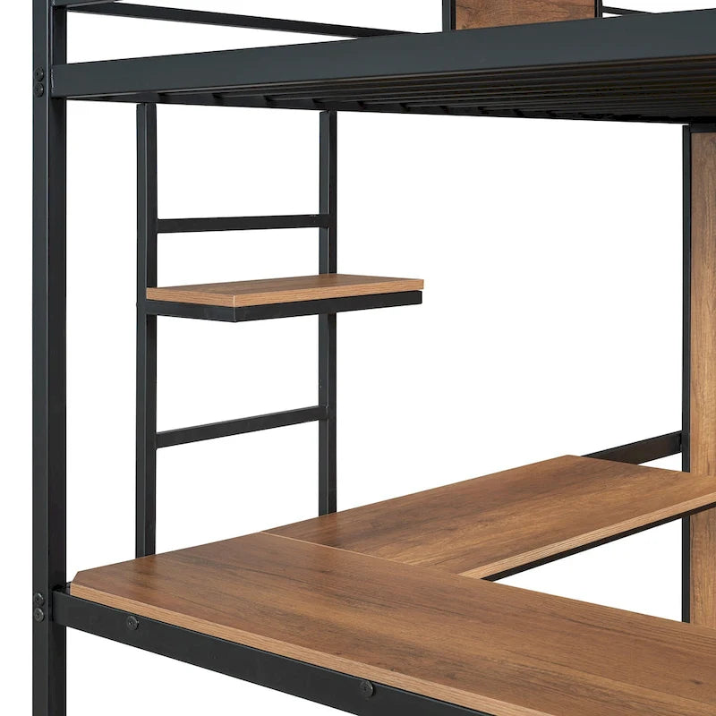 Twin Size Loft bed with L-shape Desk and Wardrobe