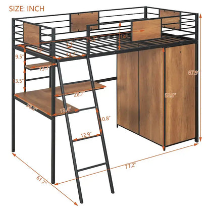 Twin Size Loft bed with L-shape Desk and Wardrobe