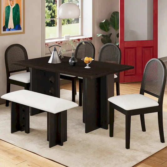 Modern Double Pedestal 6-Piece Dining Table Set with 4 Dining Chairs & 1 Bench