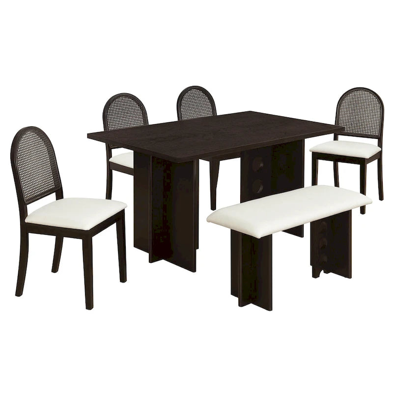 Modern Double Pedestal 6-Piece Dining Table Set with 4 Dining Chairs & 1 Bench