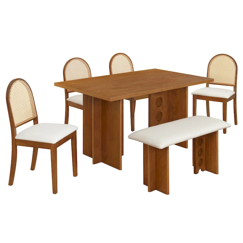 Modern Double Pedestal 6-Piece Dining Table Set with 4 Dining Chairs & 1 Bench