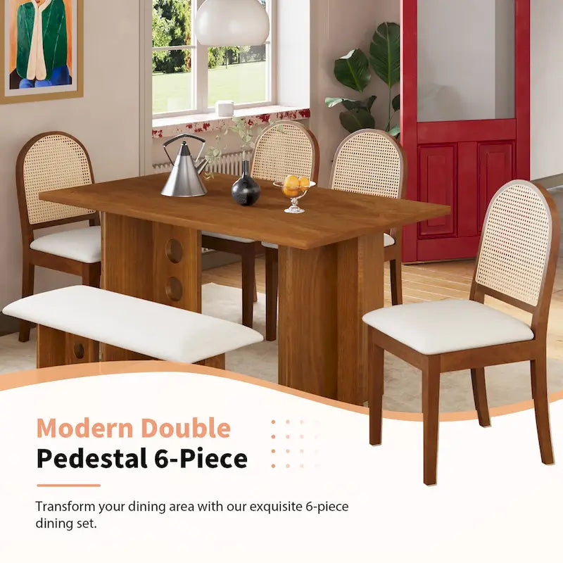 Modern Double Pedestal 6-Piece Dining Table Set with 4 Dining Chairs & 1 Bench