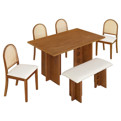 Modern Double Pedestal 6-Piece Dining Table Set with 4 Dining Chairs & 1 Bench