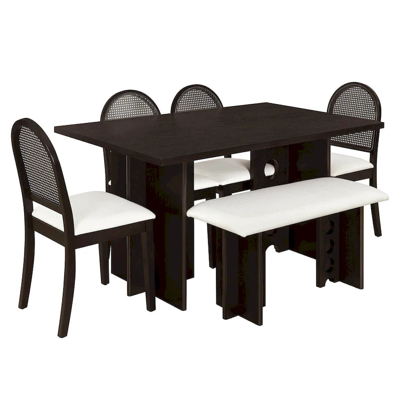 Modern Double Pedestal 6-Piece Dining Table Set with 4 Dining Chairs & 1 Bench
