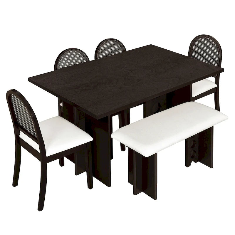 Modern Double Pedestal 6-Piece Dining Table Set with 4 Dining Chairs & 1 Bench