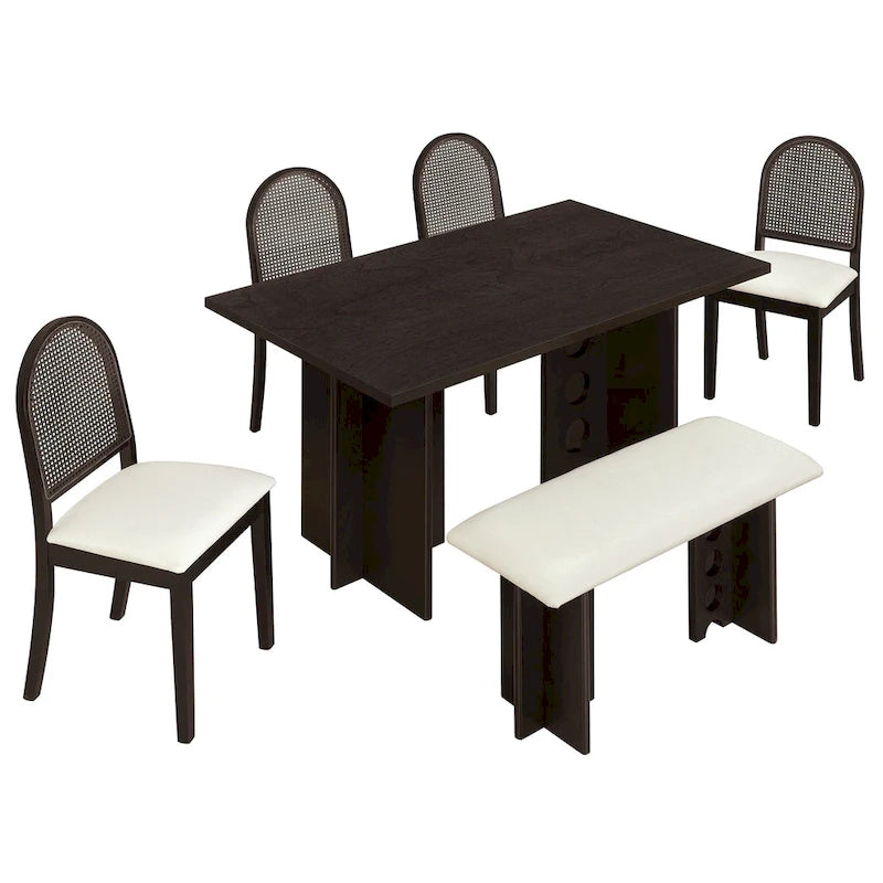 Modern Double Pedestal 6-Piece Dining Table Set with 4 Dining Chairs & 1 Bench
