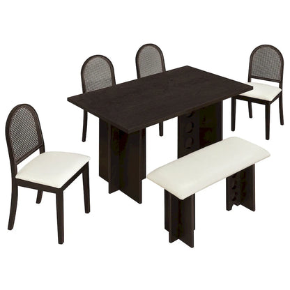 Modern Double Pedestal 6-Piece Dining Table Set with 4 Dining Chairs & 1 Bench