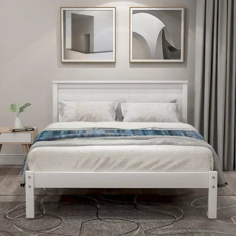 Twin Size Wood Platform Bed w/ Classic Headboard Upholstered Bed Frame for Bed Room No Box Spring Needed, Easy Assembly