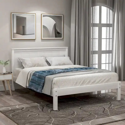 Twin Size Wood Platform Bed w/ Classic Headboard Upholstered Bed Frame for Bed Room No Box Spring Needed, Easy Assembly