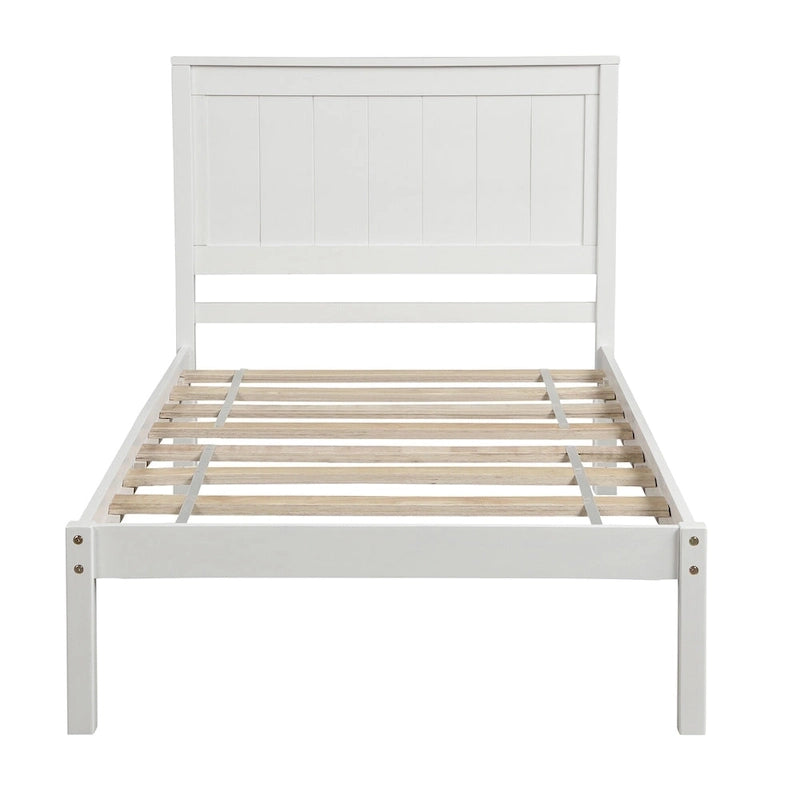 Twin Size Wood Platform Bed w/ Classic Headboard Upholstered Bed Frame for Bed Room No Box Spring Needed, Easy Assembly