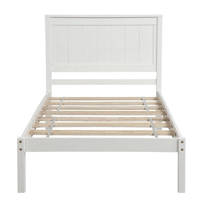 Twin Size Wood Platform Bed w/ Classic Headboard Upholstered Bed Frame for Bed Room No Box Spring Needed, Easy Assembly