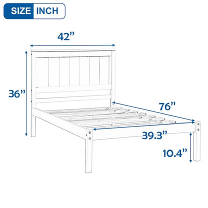 Twin Size Wood Platform Bed w/ Classic Headboard Upholstered Bed Frame for Bed Room No Box Spring Needed, Easy Assembly