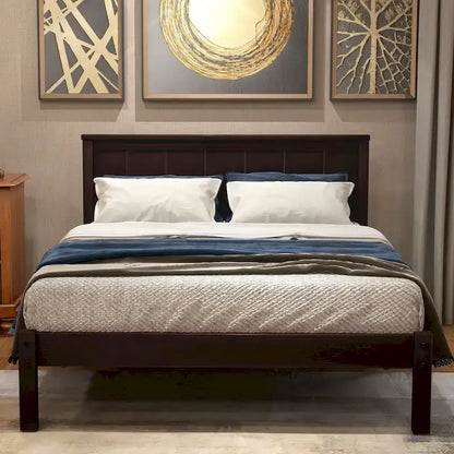 Twin Size Wood Platform Bed w/ Classic Headboard Upholstered Bed Frame for Bed Room No Box Spring Needed, Easy Assembly