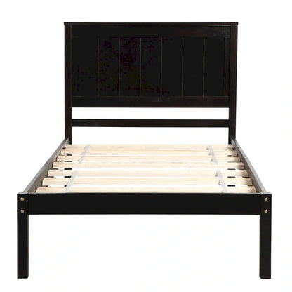 Twin Size Wood Platform Bed w/ Classic Headboard Upholstered Bed Frame for Bed Room No Box Spring Needed, Easy Assembly