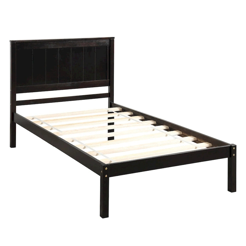 Twin Size Wood Platform Bed w/ Classic Headboard Upholstered Bed Frame for Bed Room No Box Spring Needed, Easy Assembly