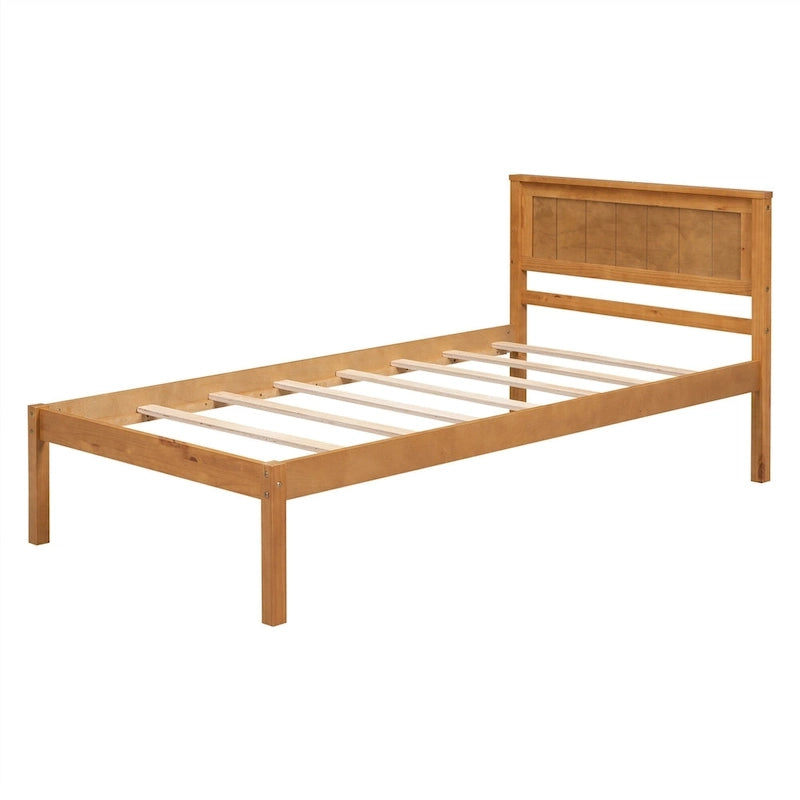 Twin Size Wood Platform Bed w/ Classic Headboard Upholstered Bed Frame for Bed Room No Box Spring Needed, Easy Assembly