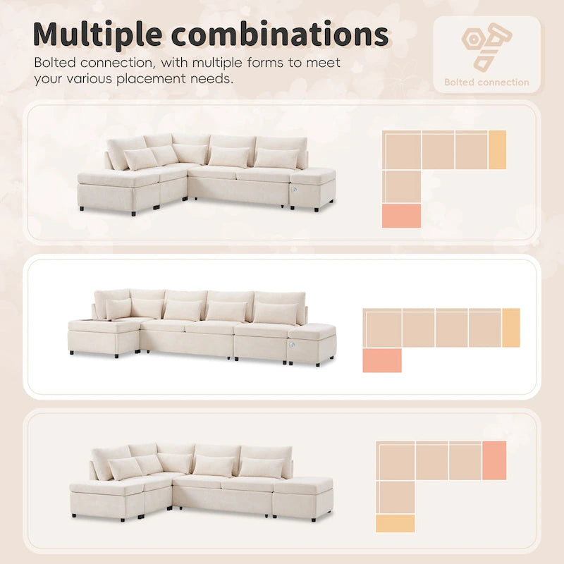 107 Oversized Chenille Modular Sectional Pull-out Sofa, Free Movement Storage Ottoman