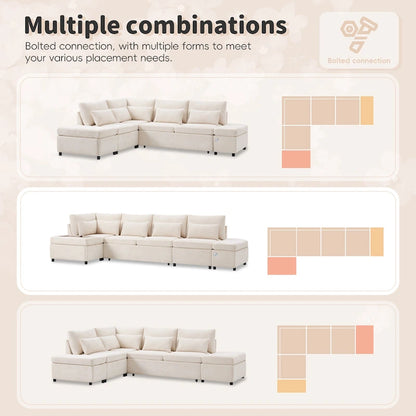 107 Oversized Chenille Modular Sectional Pull-out Sofa, Free Movement Storage Ottoman