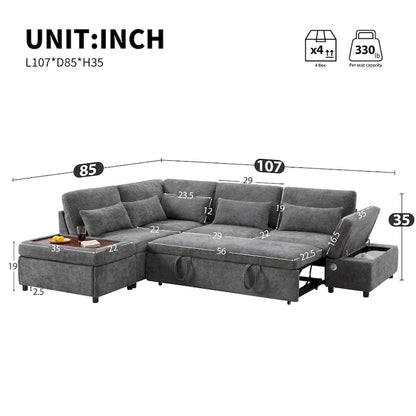 107 Oversized Chenille Modular Sectional Pull-out Sofa, Free Movement Storage Ottoman