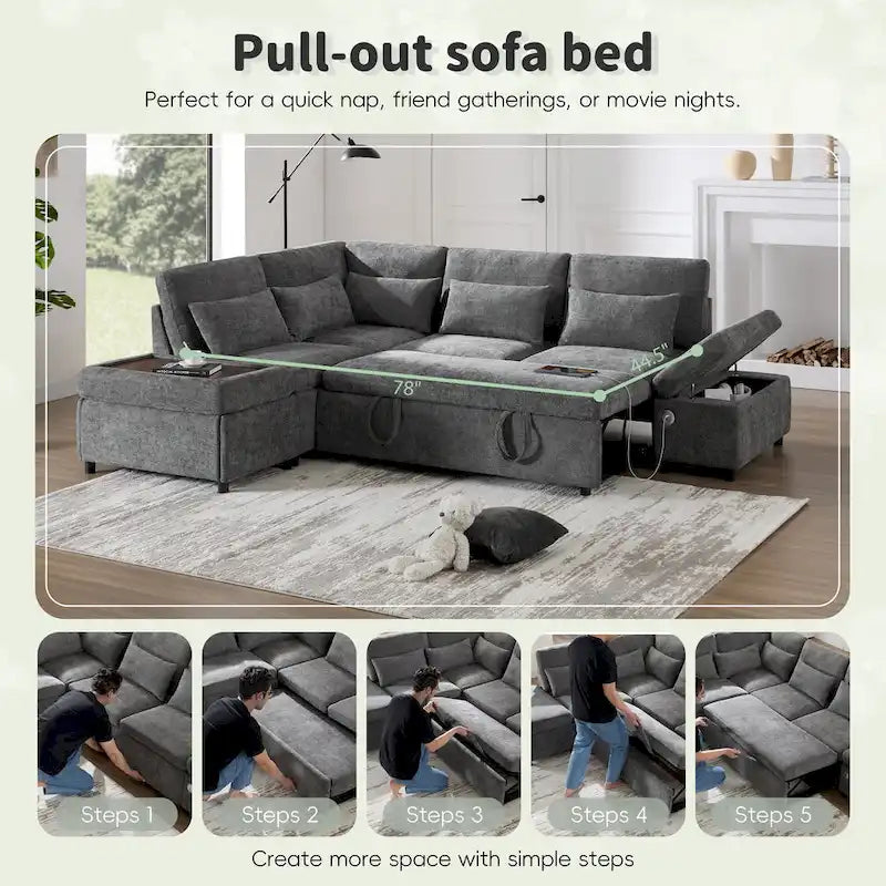107 Oversized Chenille Modular Sectional Pull-out Sofa, Free Movement Storage Ottoman