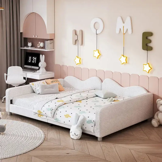 Full size Upholstered Daybed, Sherpa Fabric Sofabed with Cloud-Shaped Backrest, No Box-spring Needed, White