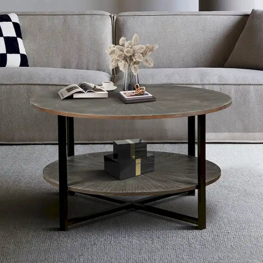 31.5 Farmhouse Round Coffee Table with 2-Tier Storage & Metal Leg