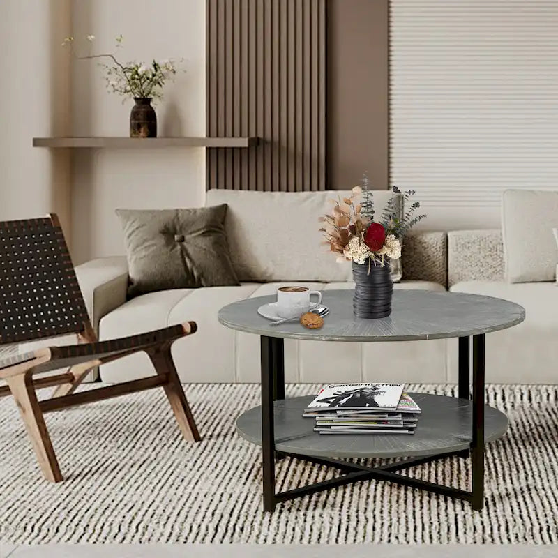 31.5 Farmhouse Round Coffee Table with 2-Tier Storage & Metal Leg