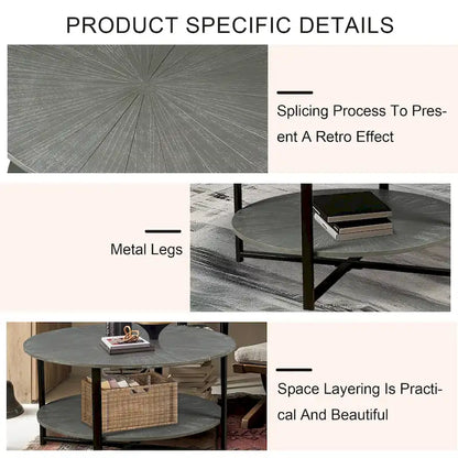 31.5 Farmhouse Round Coffee Table with 2-Tier Storage & Metal Leg