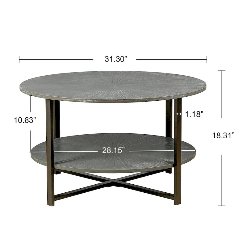 31.5 Farmhouse Round Coffee Table with 2-Tier Storage & Metal Leg