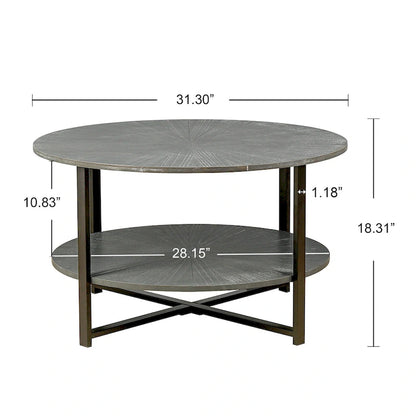 31.5 Farmhouse Round Coffee Table with 2-Tier Storage & Metal Leg
