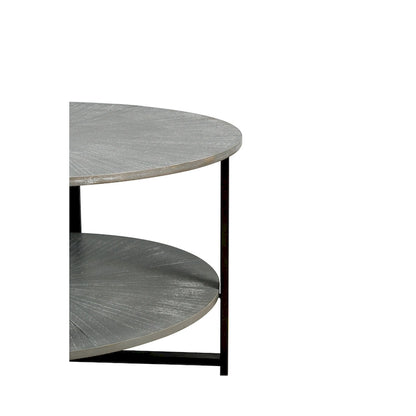 31.5 Farmhouse Round Coffee Table with 2-Tier Storage & Metal Leg