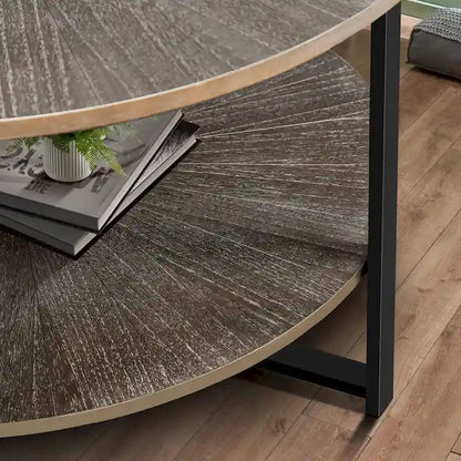 31.5 Farmhouse Round Coffee Table with 2-Tier Storage & Metal Leg