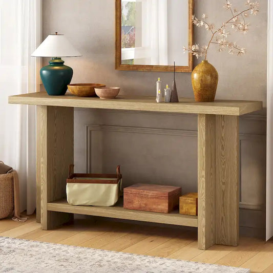 Roomfitters Vintage-Inspired Console Table, Ash Wood Veneer with T-Leg Design for Study, Entryway, Hallway, Living Room
