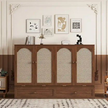 Folding Murphy Bed Pine Wood Cabinet Bed Queen Size Cube Cabinet Bed with Power Station, Drawer and Rattan Decoration Panel