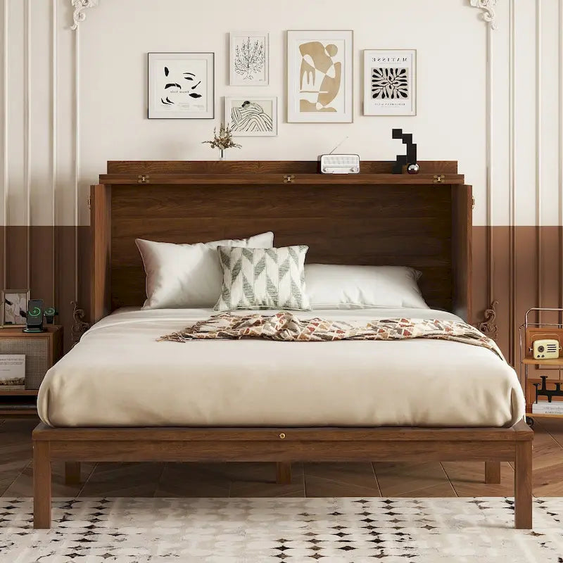 Folding Murphy Bed Pine Wood Cabinet Bed Queen Size Cube Cabinet Bed with Power Station, Drawer and Rattan Decoration Panel